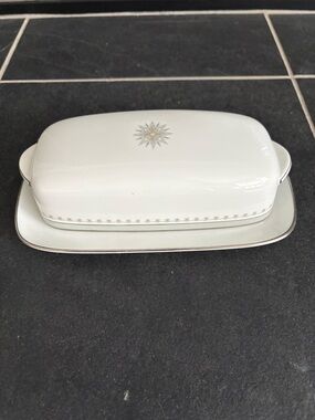 Noritake White Porcelain Butter Dish with Silver and Gold Starburst Accent